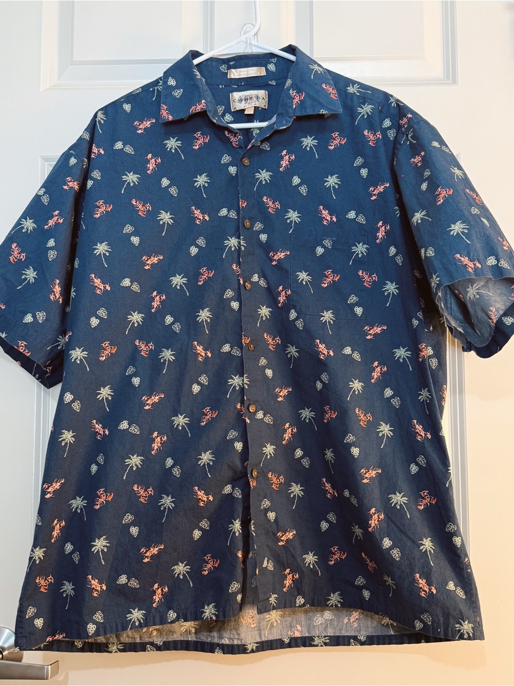 Men's Navy Short-Sleeve Button-Up Coastal Cotton Resort Shirt Tropical Print